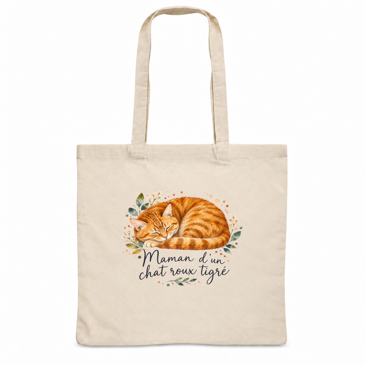 Tote bag chat roux tigré « Maman d'un chat roux tigré » Essentiel, sac plat en coton naturel 140 g/m² de 38 × 42 cm, portrait à l'aquarelle d'un chat roux tigré endormi en boule
