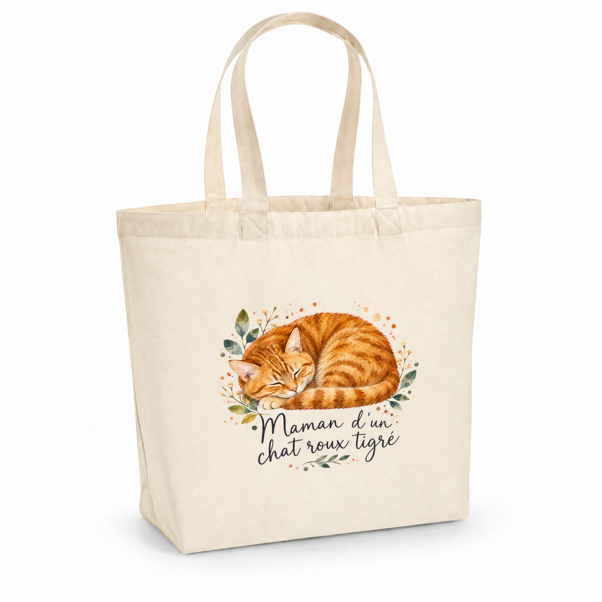 Tote bag chat roux tigré « Maman d'un chat roux tigré » Premium, cabas à soufflet en coton naturel 200 g/m² de 18 litres, portrait à l'aquarelle d'un chat roux tigré endormi en boule