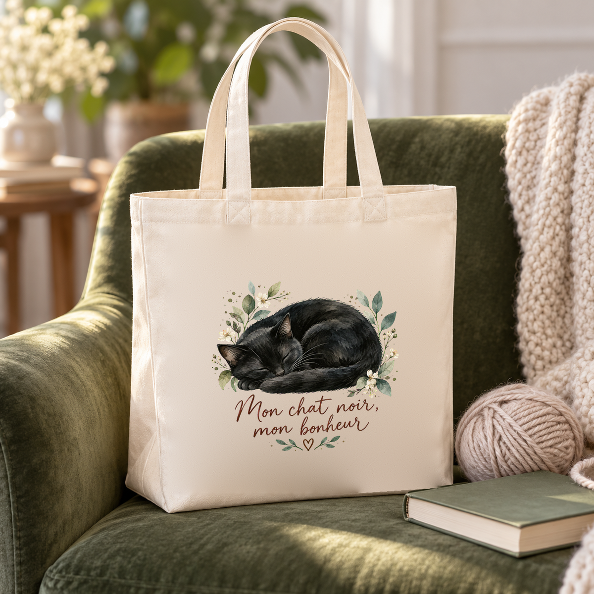 Tote bag chat noir « Mon chat noir, mon bonheur » Premium posé sur un fauteuil en velours vert, à côté d'une pelote de laine et d'un livre