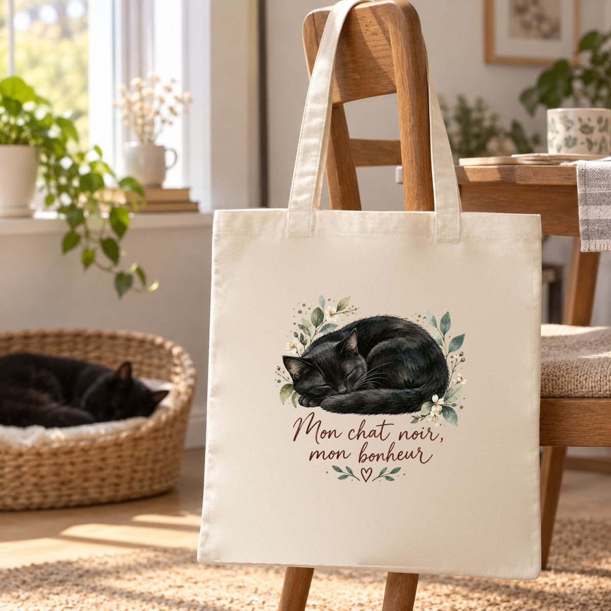Tote bag chat noir « Mon chat noir, mon bonheur » Essentiel suspendu à une chaise en bois, un chat noir installé dans son panier