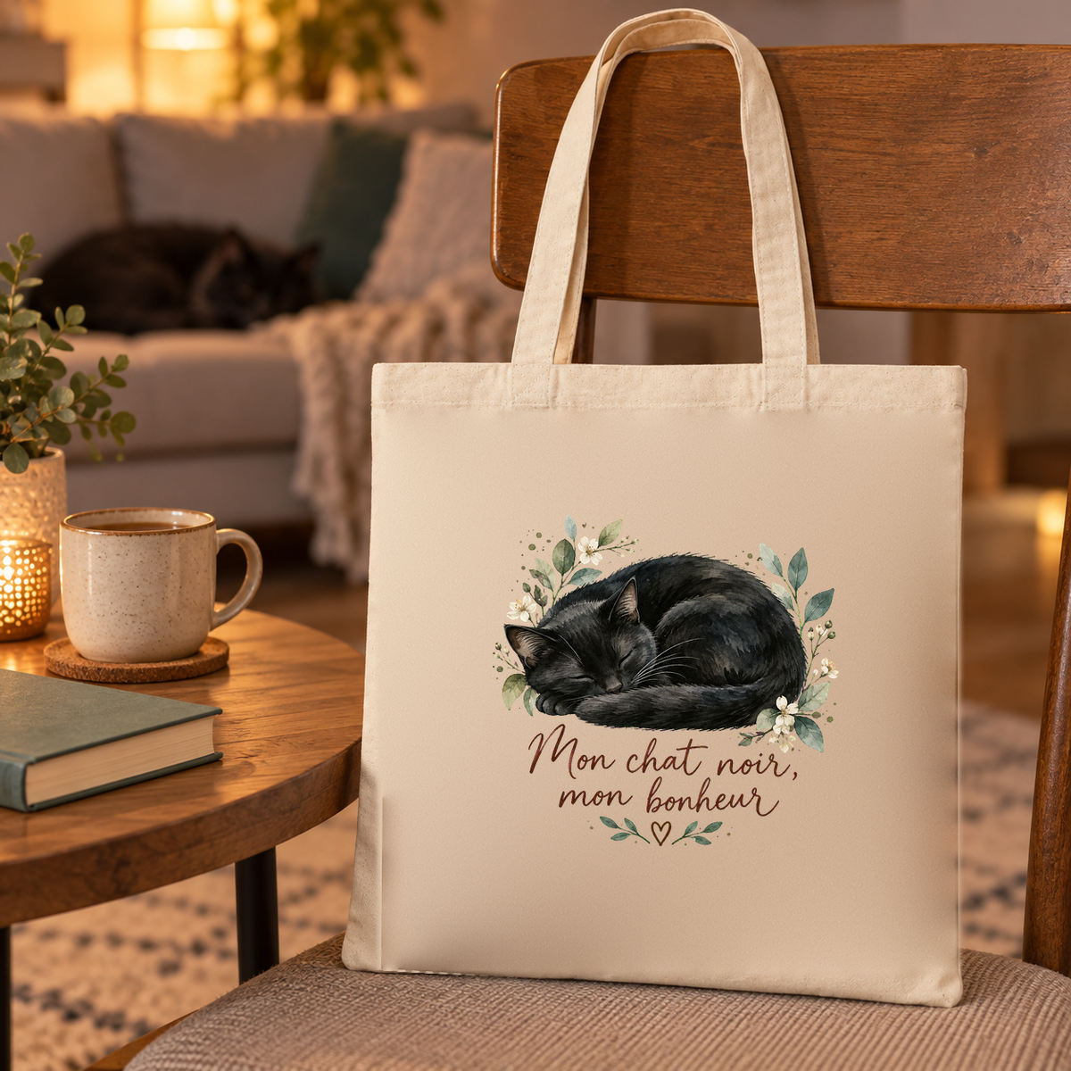 Tote bag chat noir « Mon chat noir, mon bonheur » Essentiel posé sur une chaise près d'une table d'appoint, un chat noir allongé sur le canapé