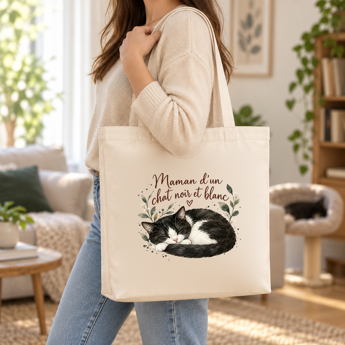 Tote bag chat noir et blanc « Maman d'un chat noir et blanc » Premium porté à l'épaule dans un salon lumineux