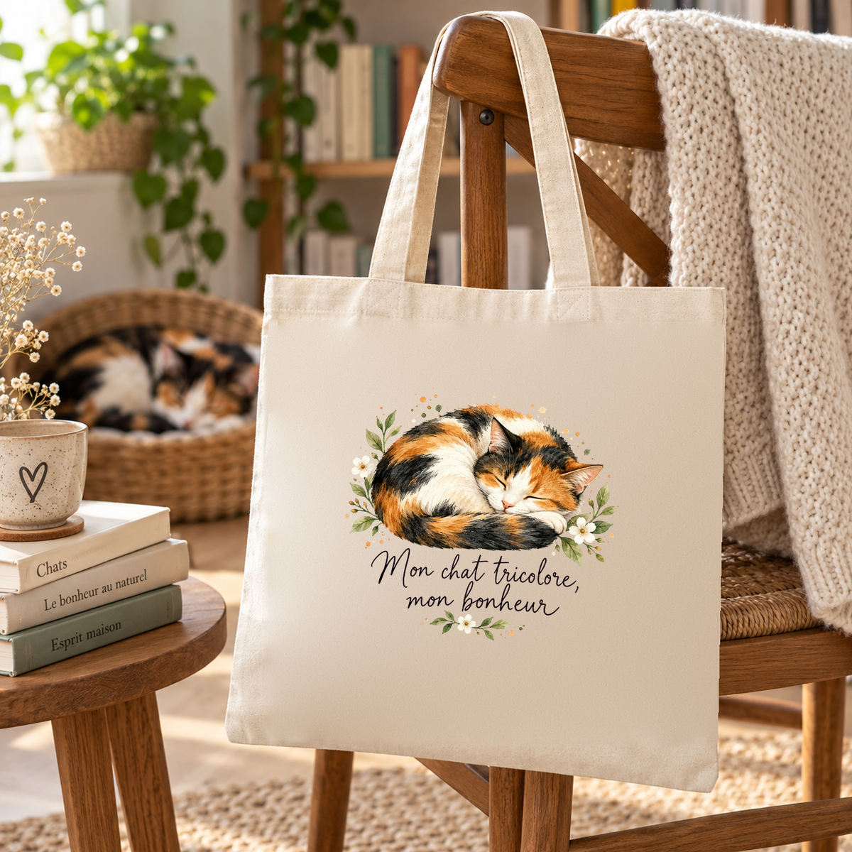Tote bag chat tricolore « Mon chat tricolore, mon bonheur » Essentiel suspendu à une chaise près d'une bibliothèque, un chat tricolore installé dans son panier