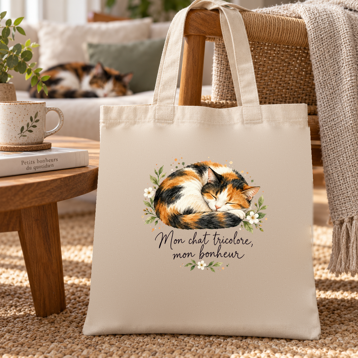 Tote bag chat tricolore « Mon chat tricolore, mon bonheur » Essentiel posé au pied d'un fauteuil, un chat tricolore allongé sur le canapé