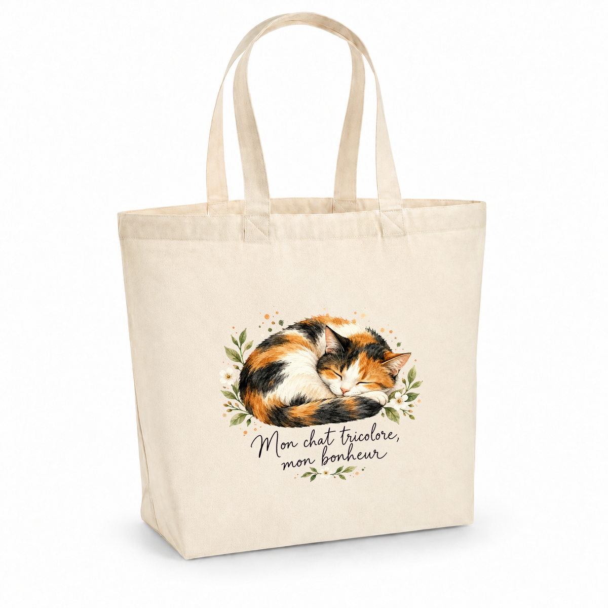 Tote bag chat tricolore « Mon chat tricolore, mon bonheur » Premium, cabas à soufflet en coton naturel 200 g/m² de 18 litres, portrait à l'aquarelle d'un chat tricolore endormi en boule