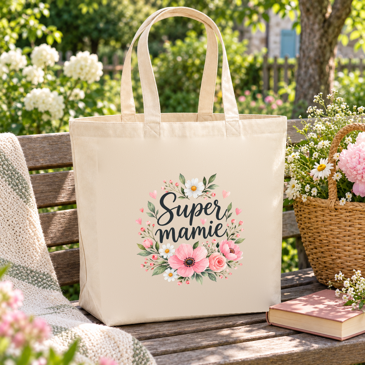 Tote bag mamie « Super mamie » Premium posé sur un banc de jardin, à côté d'un panier de fleurs et d'un livre