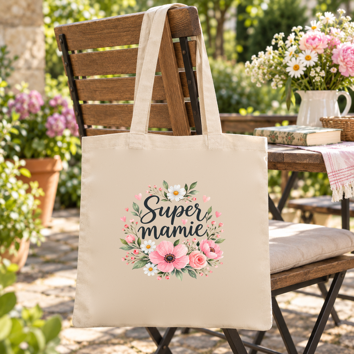 Tote bag mamie « Super mamie » Essentiel suspendu à une chaise de jardin, à côté d'un bouquet