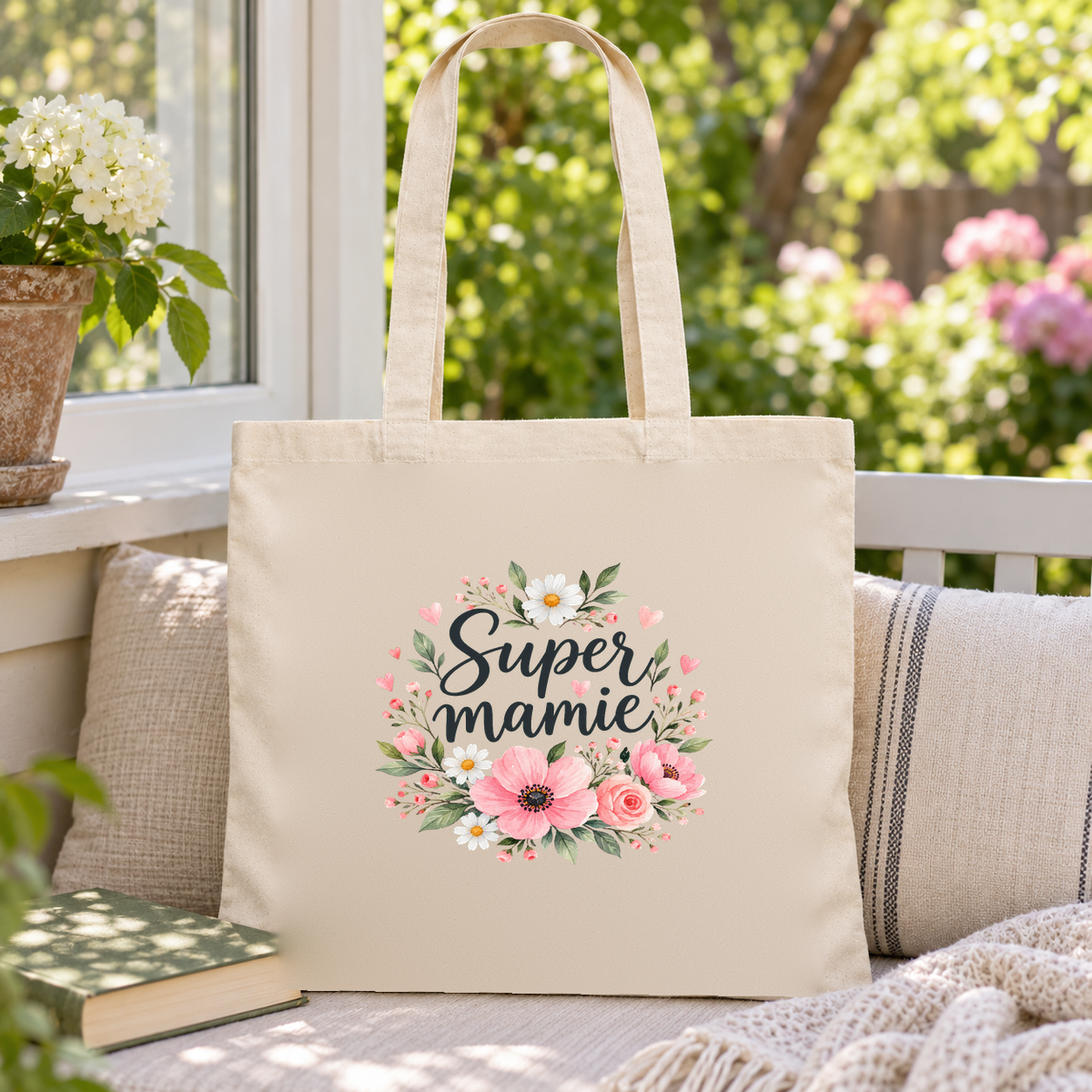 Tote bag mamie « Super mamie » Essentiel posé sur une banquette de véranda, à côté de livres