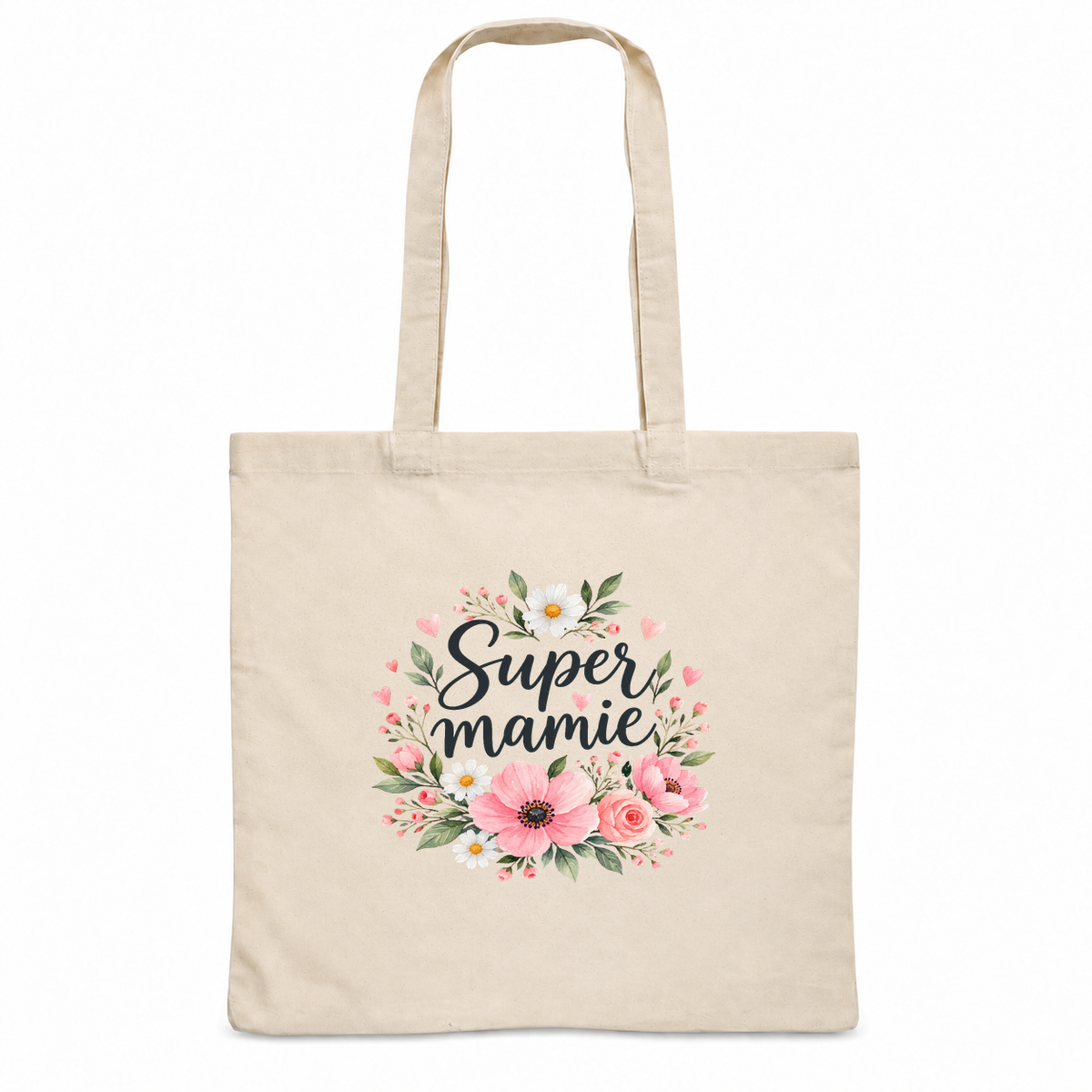 Tote bag mamie « Super mamie » Essentiel, sac plat en coton naturel 140 g/m² de 38 × 42 cm, illustration à l'aquarelle d'une couronne de fleurs roses et blanches