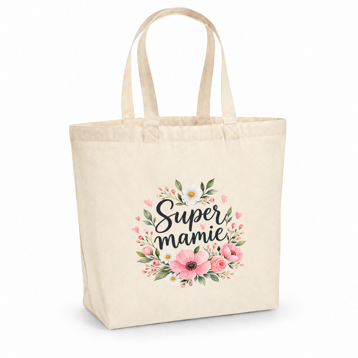 Tote bag mamie « Super mamie » Premium, cabas à soufflet en coton naturel 200 g/m² de 18 litres, illustration à l'aquarelle d'une couronne de fleurs roses et blanches
