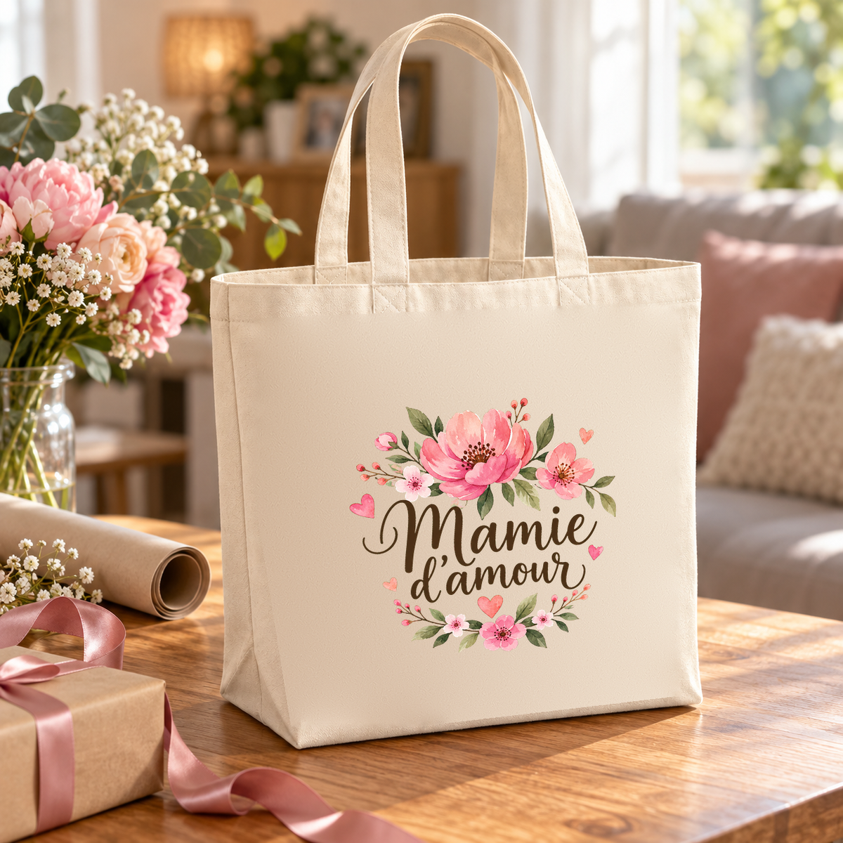 Tote bag mamie « Mamie d'amour » Premium posé sur une table en bois, entre papier cadeau, rubans et bouquet de fleurs