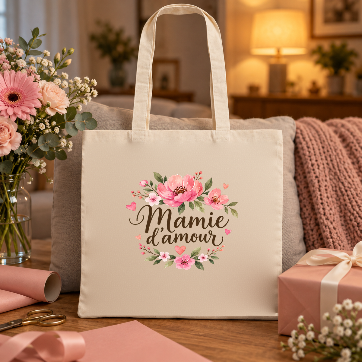 Tote bag mamie « Mamie d'amour » Essentiel posé sur une table de salon à la lumière du soir, à côté d'un cadeau emballé