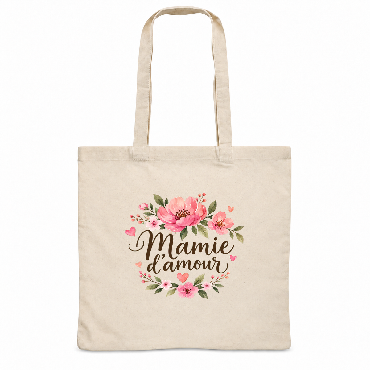 Tote bag mamie « Mamie d'amour » Essentiel, sac plat en coton naturel 140 g/m² de 38 × 42 cm, illustration à l'aquarelle d'un bouquet de fleurs roses et de petits cœurs