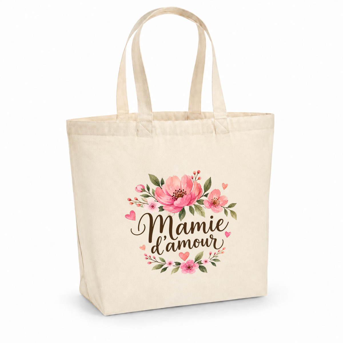 Tote bag mamie « Mamie d'amour » Premium, cabas à soufflet en coton naturel 200 g/m² de 18 litres, illustration à l'aquarelle d'un bouquet de fleurs roses et de petits cœurs
