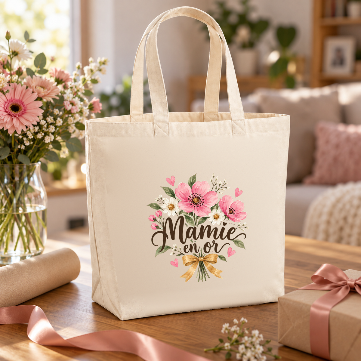 Tote bag mamie « Mamie en or » Premium posé sur une table entre papier cadeau, ruban et bouquet