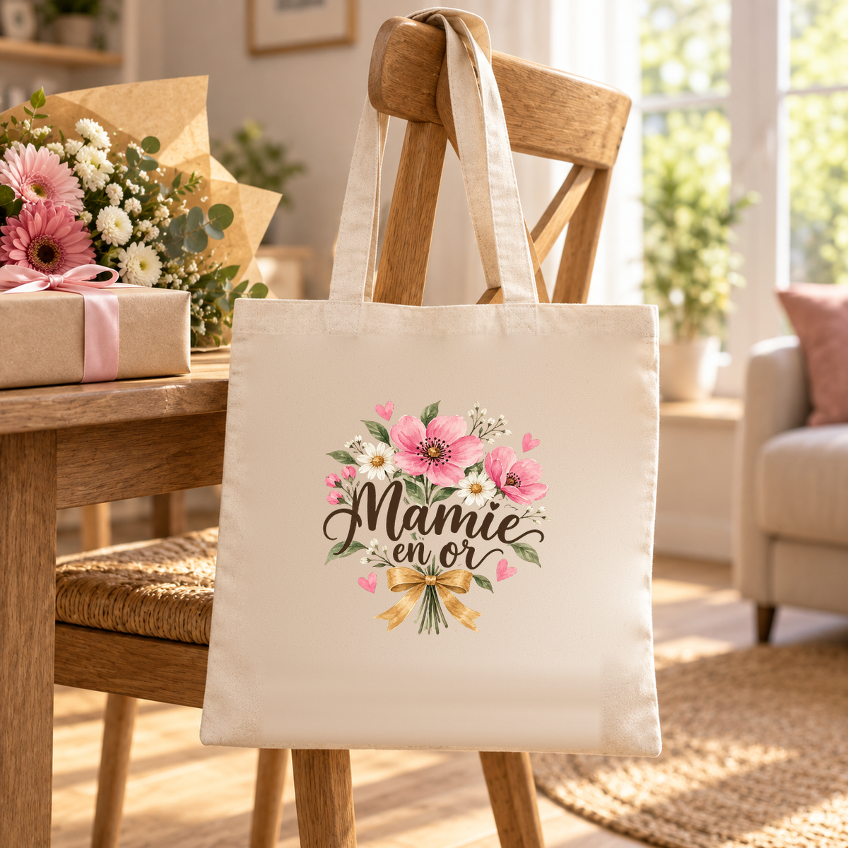 Tote bag mamie « Mamie en or » Essentiel suspendu à une chaise, à côté de cadeaux et d'un bouquet