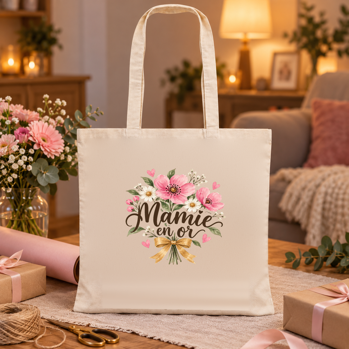 Tote bag mamie « Mamie en or » Essentiel posé sur une table à côté de cadeaux emballés, à la lueur des bougies