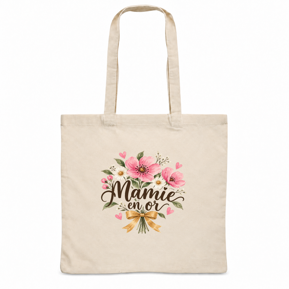 Tote bag mamie « Mamie en or » Essentiel, sac plat en coton naturel 140 g/m² de 38 × 42 cm, illustration à l'aquarelle d'un bouquet de fleurs roses noué d'un ruban doré