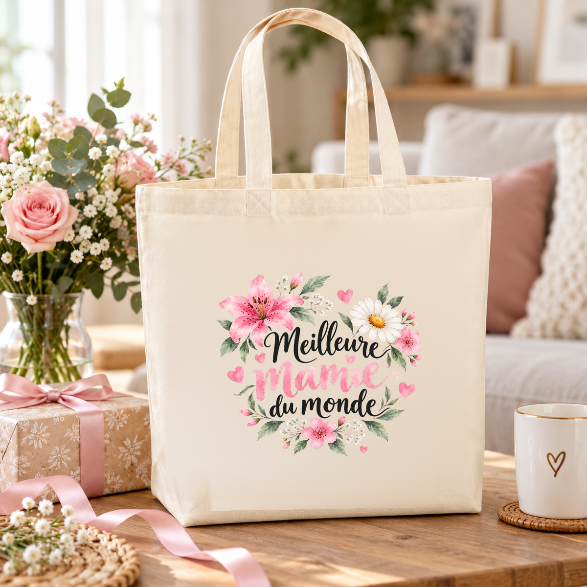 Tote bag mamie « Meilleure mamie du monde » Premium posé sur une table, à côté d'un bouquet de roses et d'un cadeau noué de rose