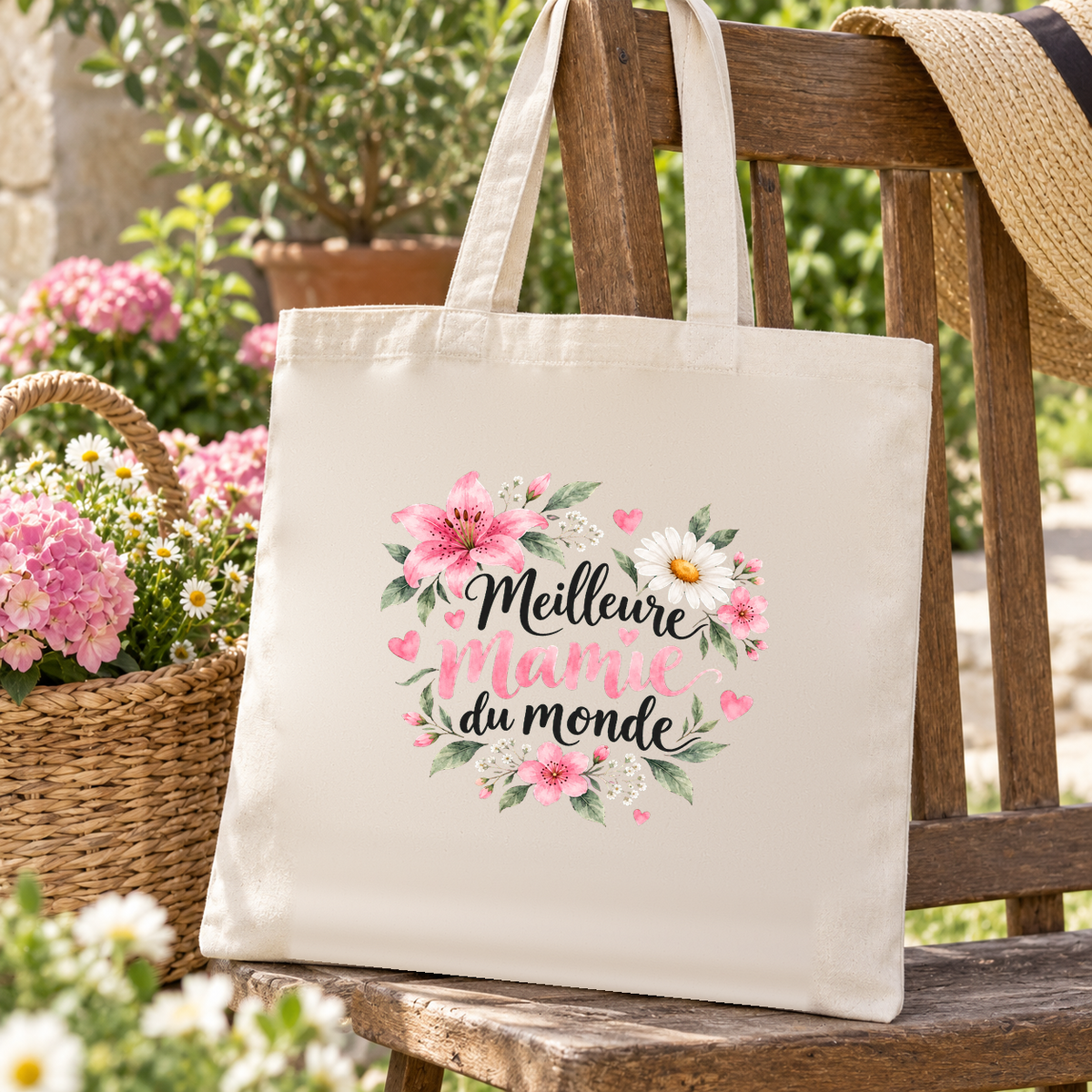 Tote bag mamie « Meilleure mamie du monde » Essentiel suspendu à une chaise de jardin, à côté d'un panier d'hortensias