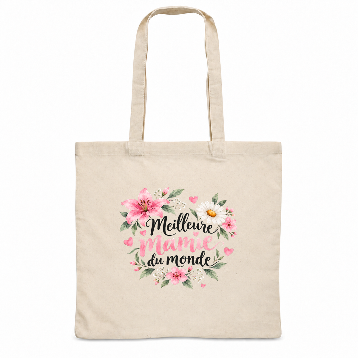 Tote bag mamie « Meilleure mamie du monde » Essentiel, sac plat en coton naturel 140 g/m² de 38 × 42 cm, illustration à l'aquarelle d'un bouquet de lys roses et de marguerites