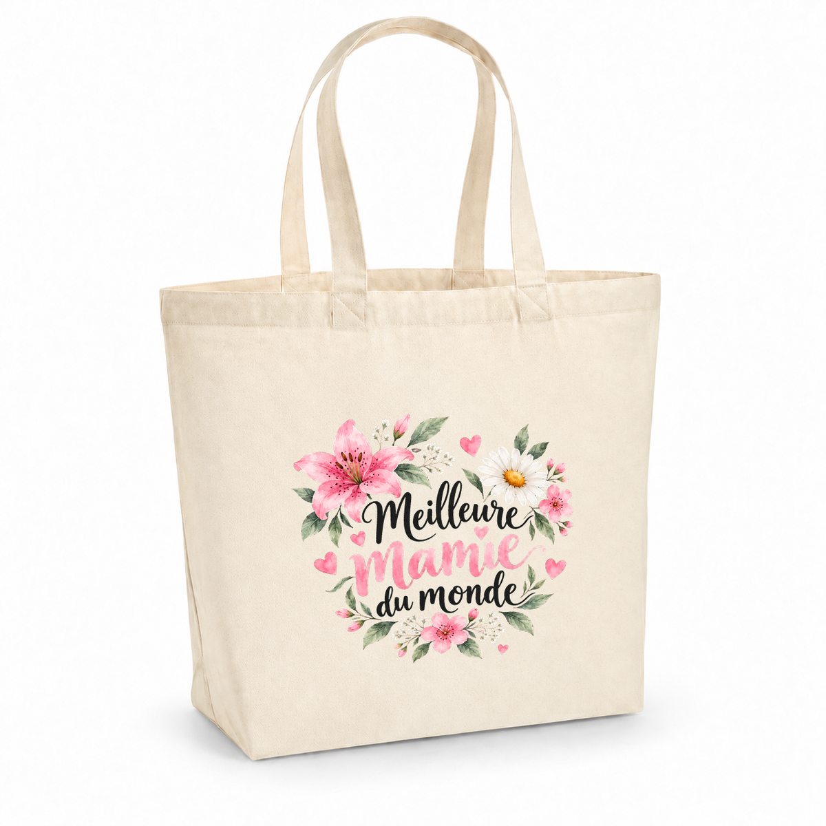 Tote bag mamie « Meilleure mamie du monde » Premium, cabas à soufflet en coton naturel 200 g/m² de 18 litres, illustration à l'aquarelle d'un bouquet de lys roses et de marguerites