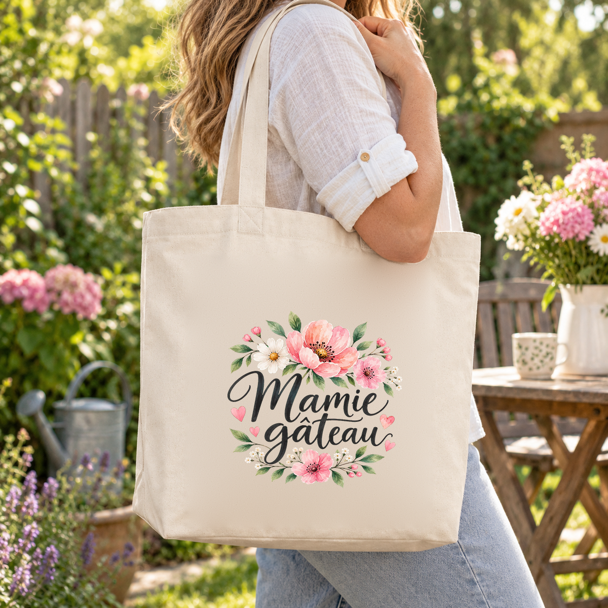 Tote bag mamie « Mamie gâteau » Premium porté à l'épaule dans un jardin fleuri