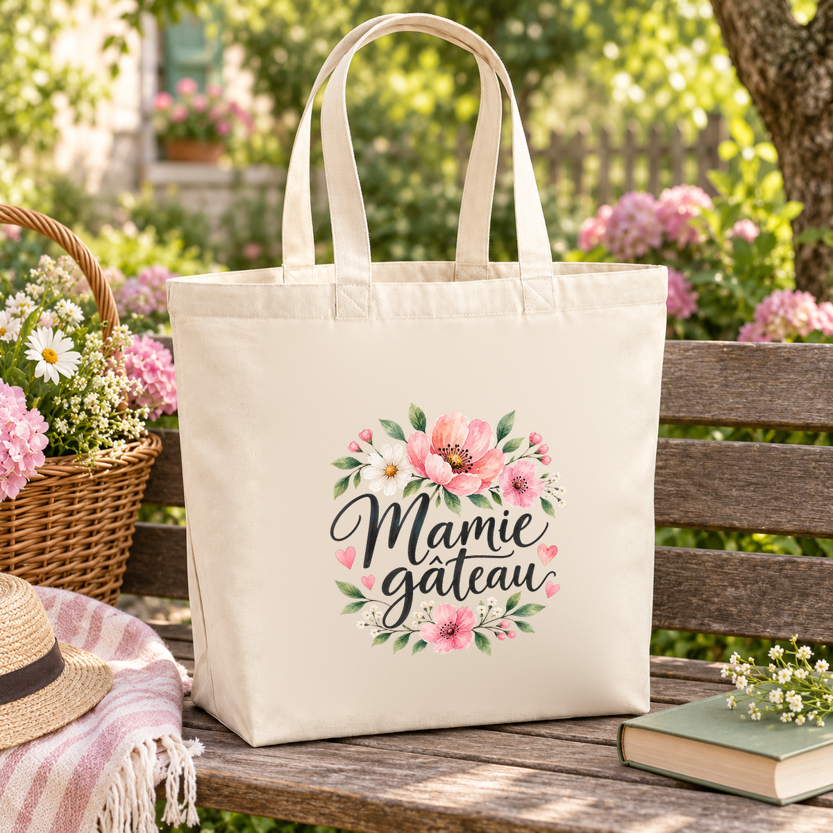 Tote bag mamie « Mamie gâteau » Premium posé sur une table de jardin, à côté d'un panier de fleurs et d'un livre