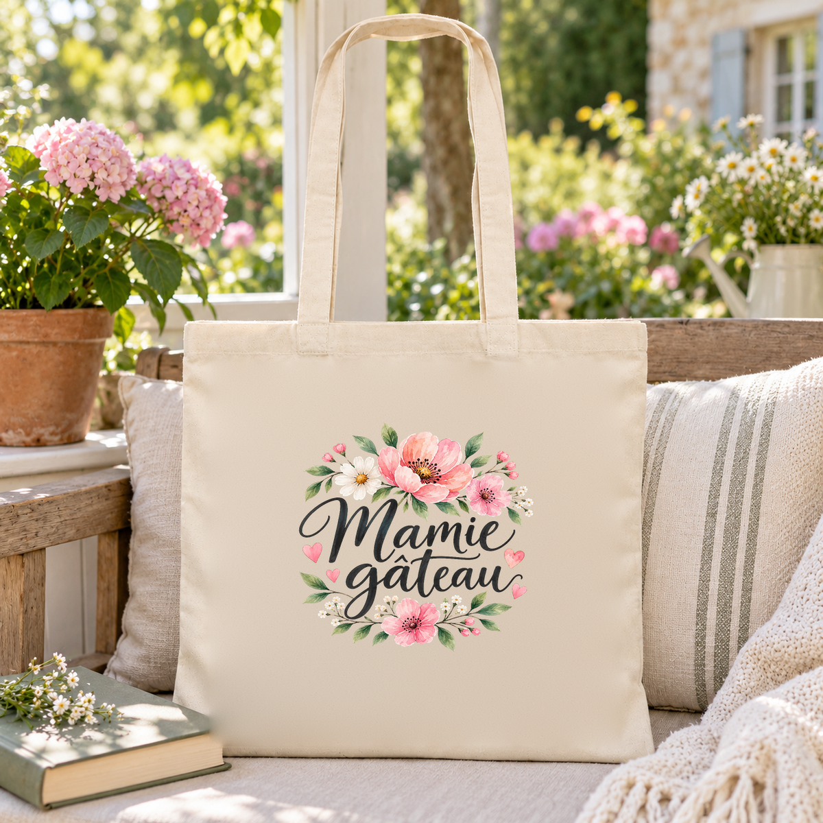 Tote bag mamie « Mamie gâteau » Essentiel posé sur une banquette de terrasse, à côté d'un livre