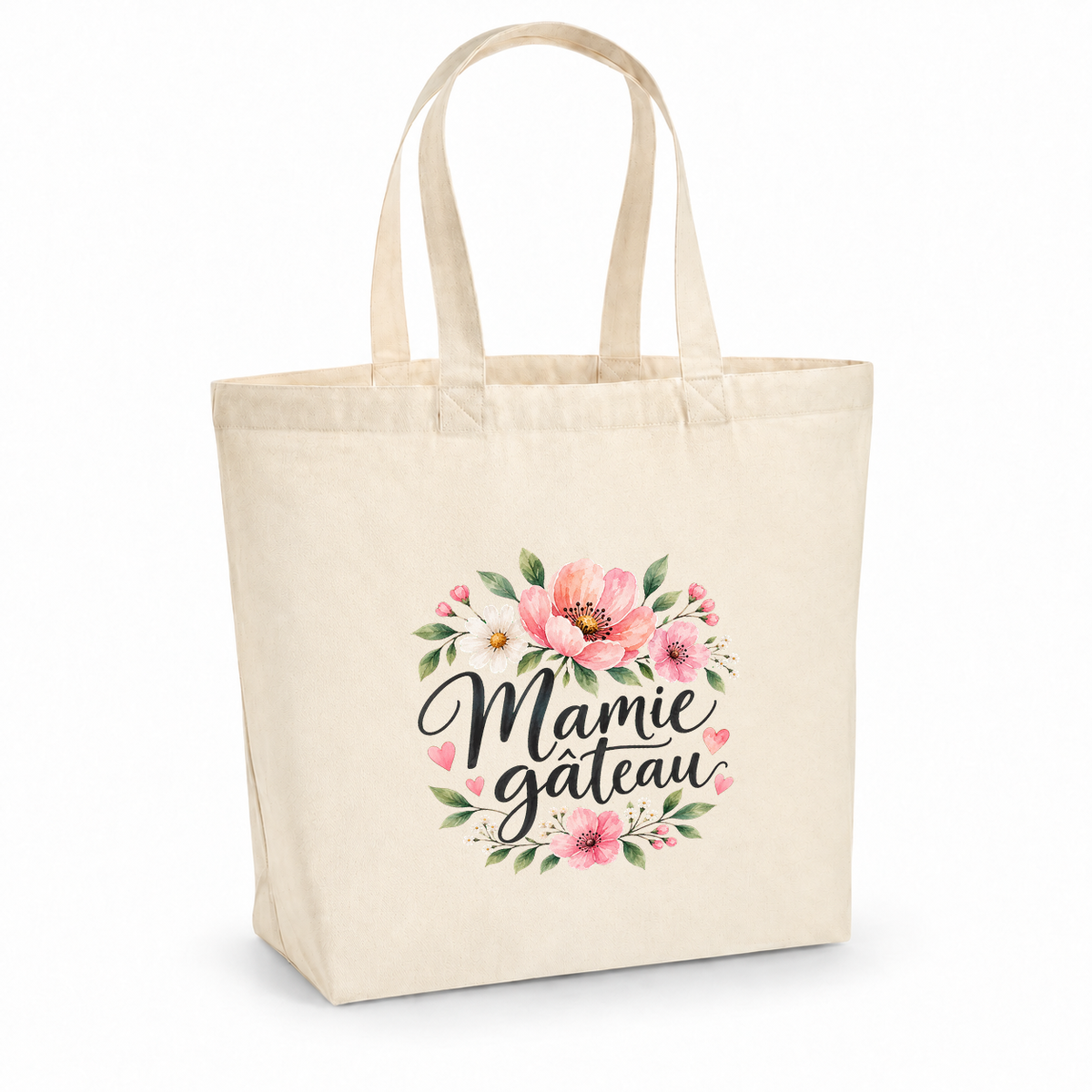 Tote bag mamie « Mamie gâteau » Premium, cabas à soufflet en coton naturel 200 g/m² de 18 litres, illustration à l'aquarelle d'une couronne de fleurs roses et blanches