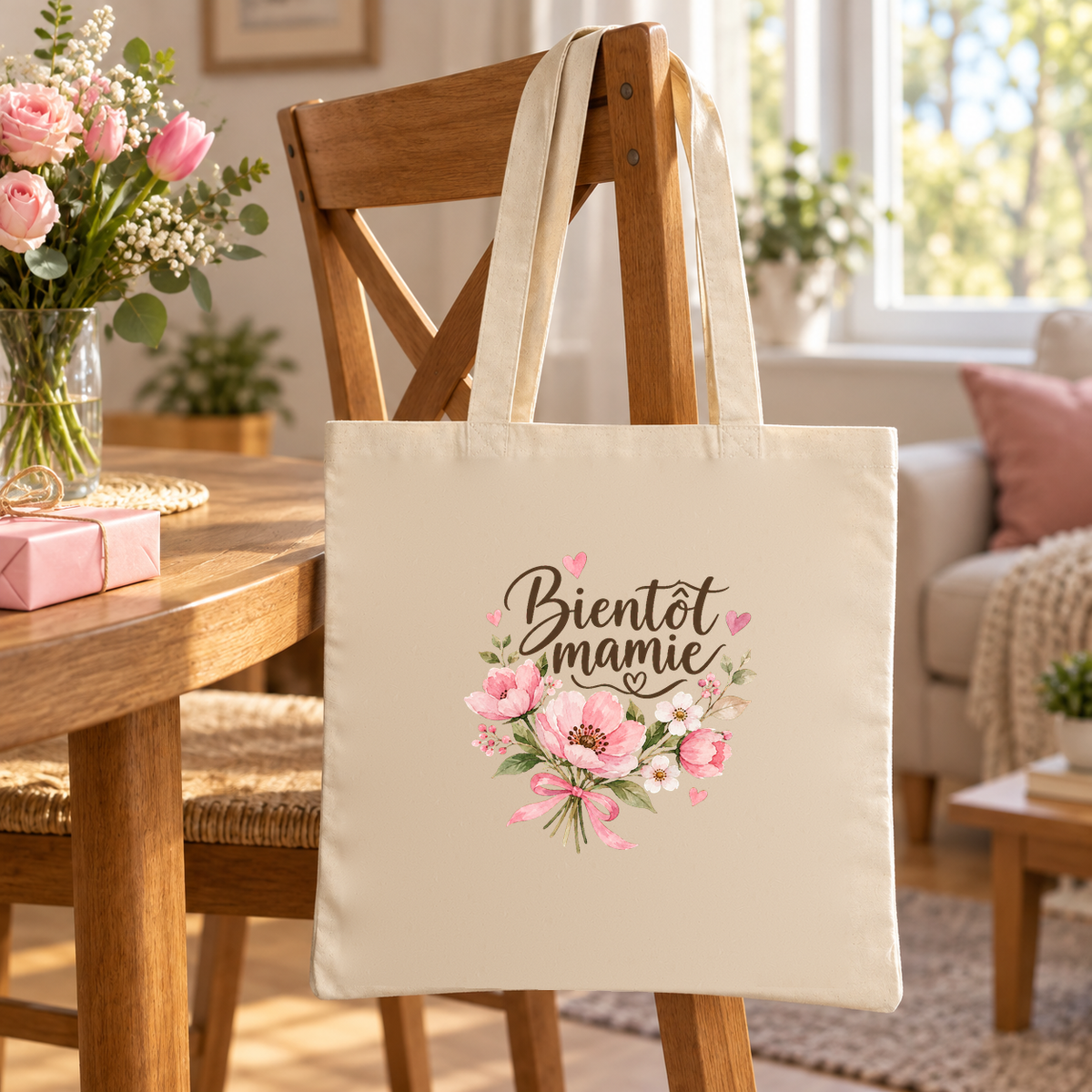 Tote bag future mamie « Bientôt mamie » Essentiel suspendu à une chaise en bois dans un salon lumineux, à côté d'un bouquet
