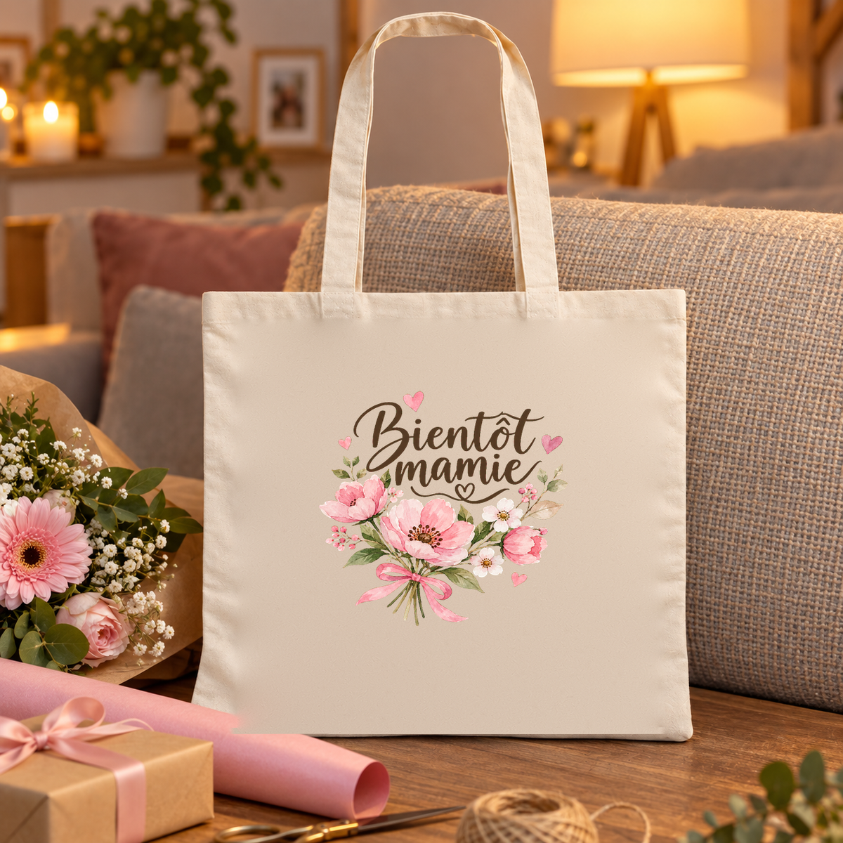Tote bag future mamie « Bientôt mamie » Essentiel posé sur une table de salon à la lumière du soir, à côté d'un cadeau emballé