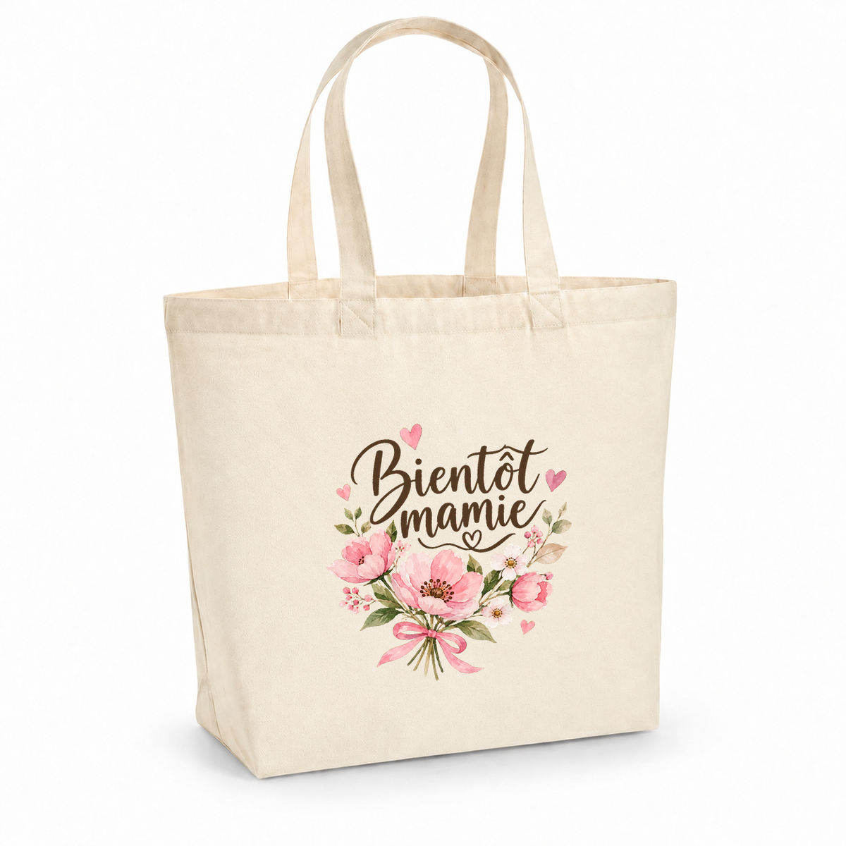 Tote bag future mamie « Bientôt mamie » Premium, cabas à soufflet en coton naturel 200 g/m² de 18 litres, illustration à l'aquarelle d'un bouquet de fleurs roses noué d'un ruban