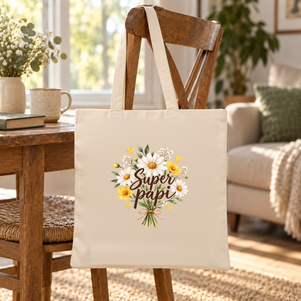 Tote bag papi « Super papi » Essentiel suspendu à une chaise, à côté d'une tasse
