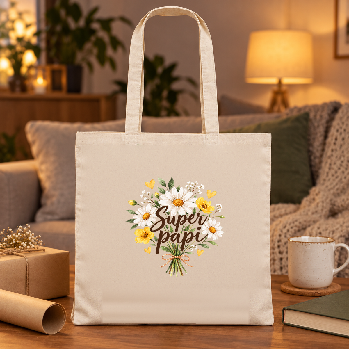 Tote bag papi « Super papi » Essentiel posé sur une table à la lueur d'une lampe, à côté d'un mug et d'un cadeau