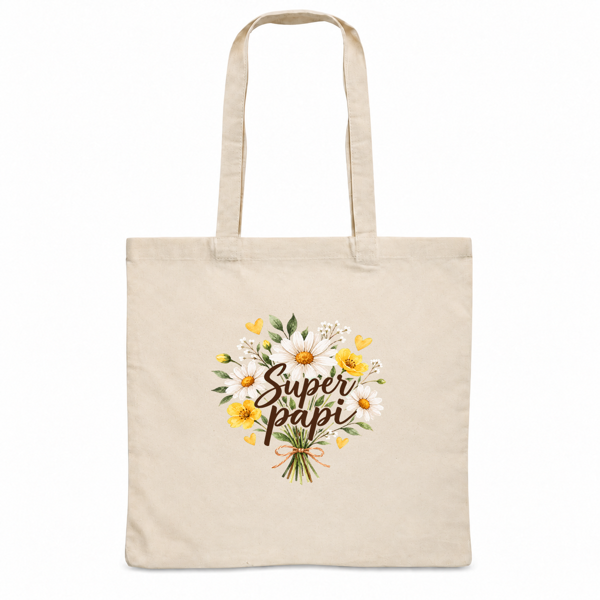 Tote bag papi « Super papi » Essentiel, sac plat en coton naturel 140 g/m² de 38 × 42 cm, illustration à l'aquarelle d'un bouquet de marguerites et de fleurs jaunes