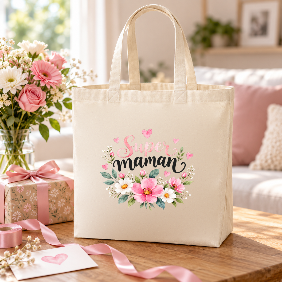 Tote bag maman « Super maman » Premium posé sur une table, à côté d'un bouquet de roses et d'un cadeau noué de rose