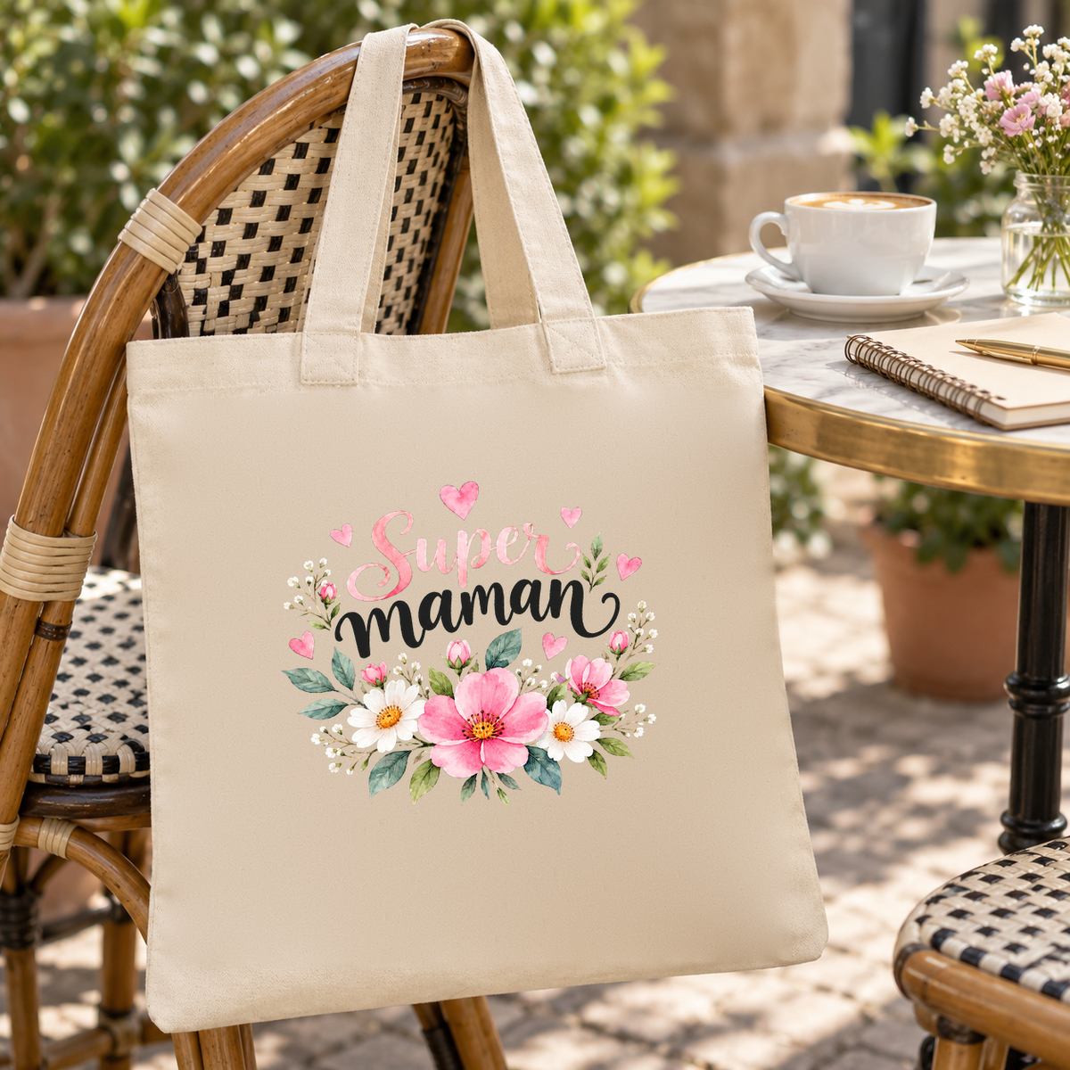 Tote bag maman « Super maman » Essentiel suspendu à une chaise de terrasse en rotin, à côté d'une tasse de café