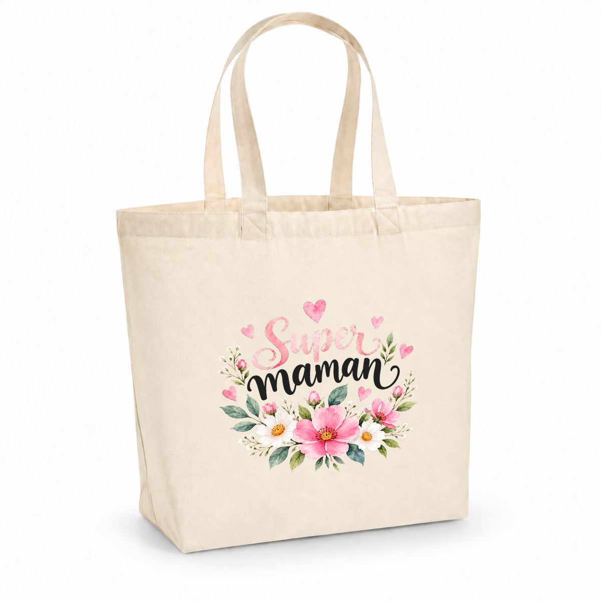 Tote bag maman « Super maman » Premium, cabas à soufflet en coton naturel 200 g/m² de 18 litres, illustration à l'aquarelle d'un bouquet de fleurs roses et blanches