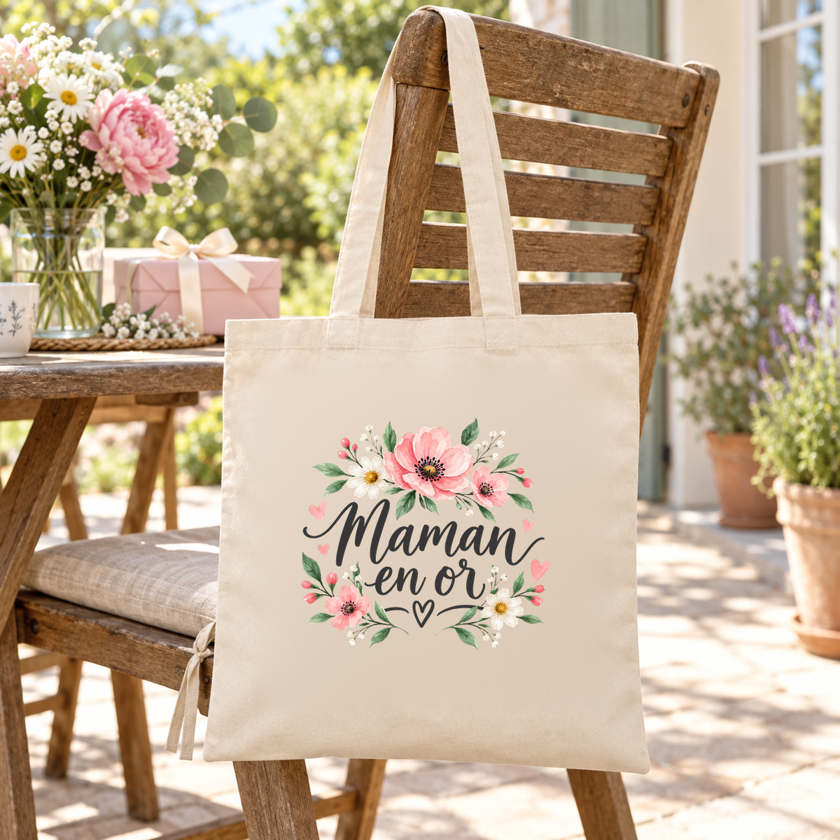 Tote bag maman « Maman en or » Essentiel suspendu à une chaise de terrasse en bois, à côté d'un bouquet