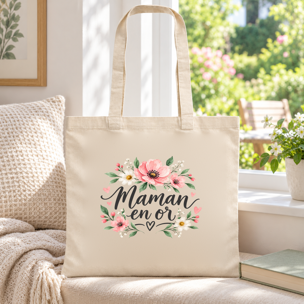 Tote bag maman « Maman en or » Essentiel posé sur une banquette près d'une fenêtre ouverte sur le jardin, à côté d'un livre