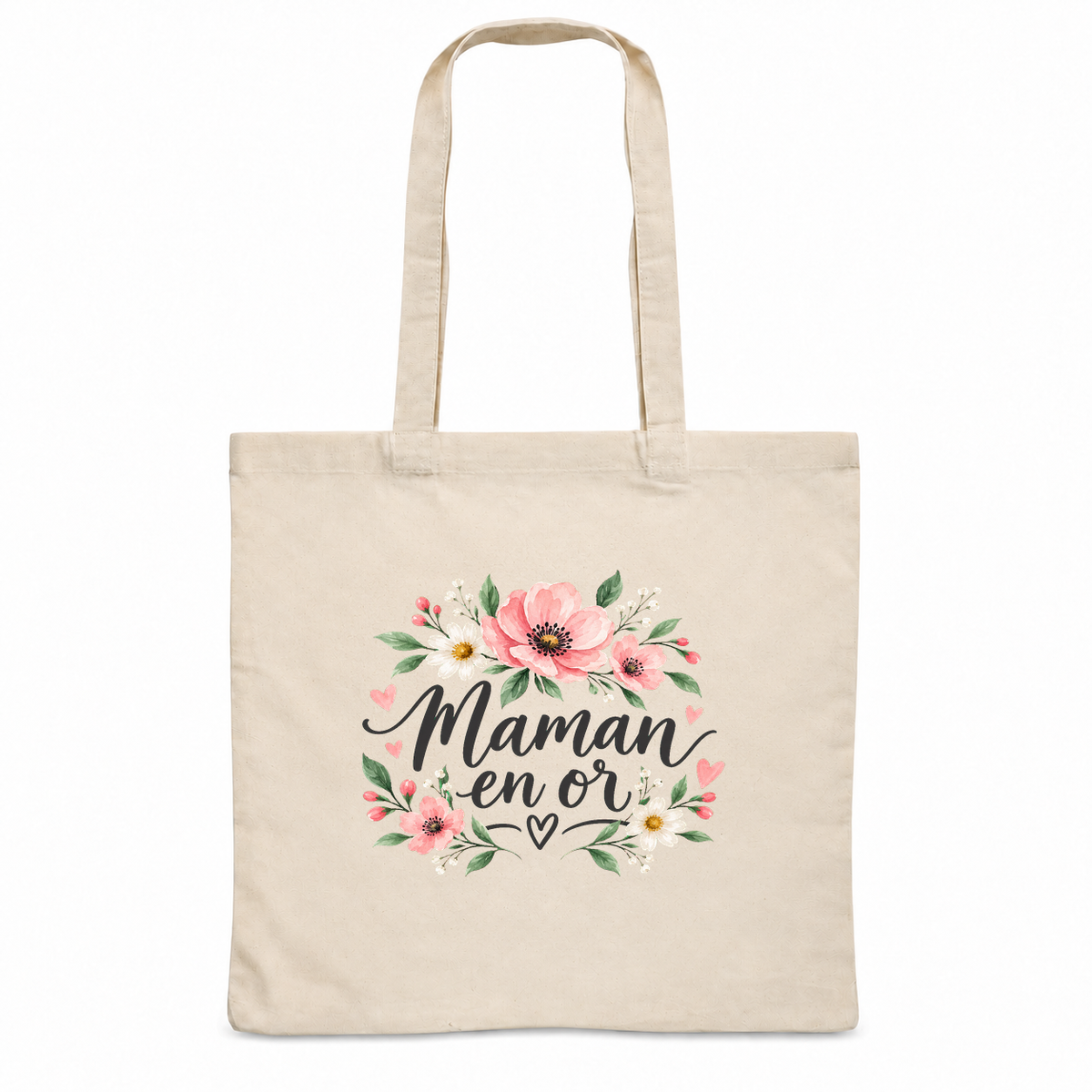 Tote bag maman « Maman en or » Essentiel, sac plat en coton naturel 140 g/m² de 38 × 42 cm, illustration à l'aquarelle d'une couronne de fleurs roses et de marguerites