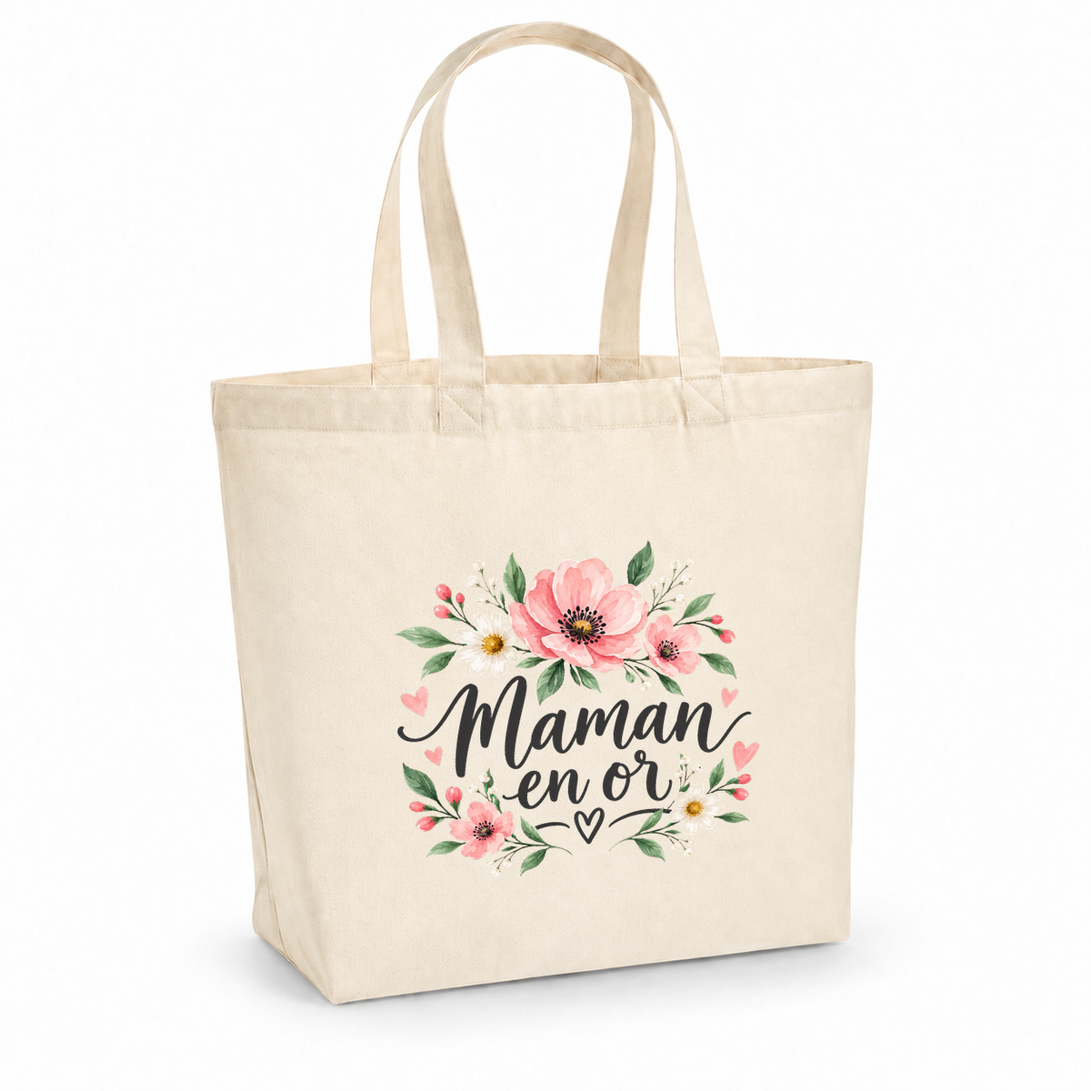 Tote bag maman « Maman en or » Premium, cabas à soufflet en coton naturel 200 g/m² de 18 litres, illustration à l'aquarelle d'une couronne de fleurs roses et de marguerites