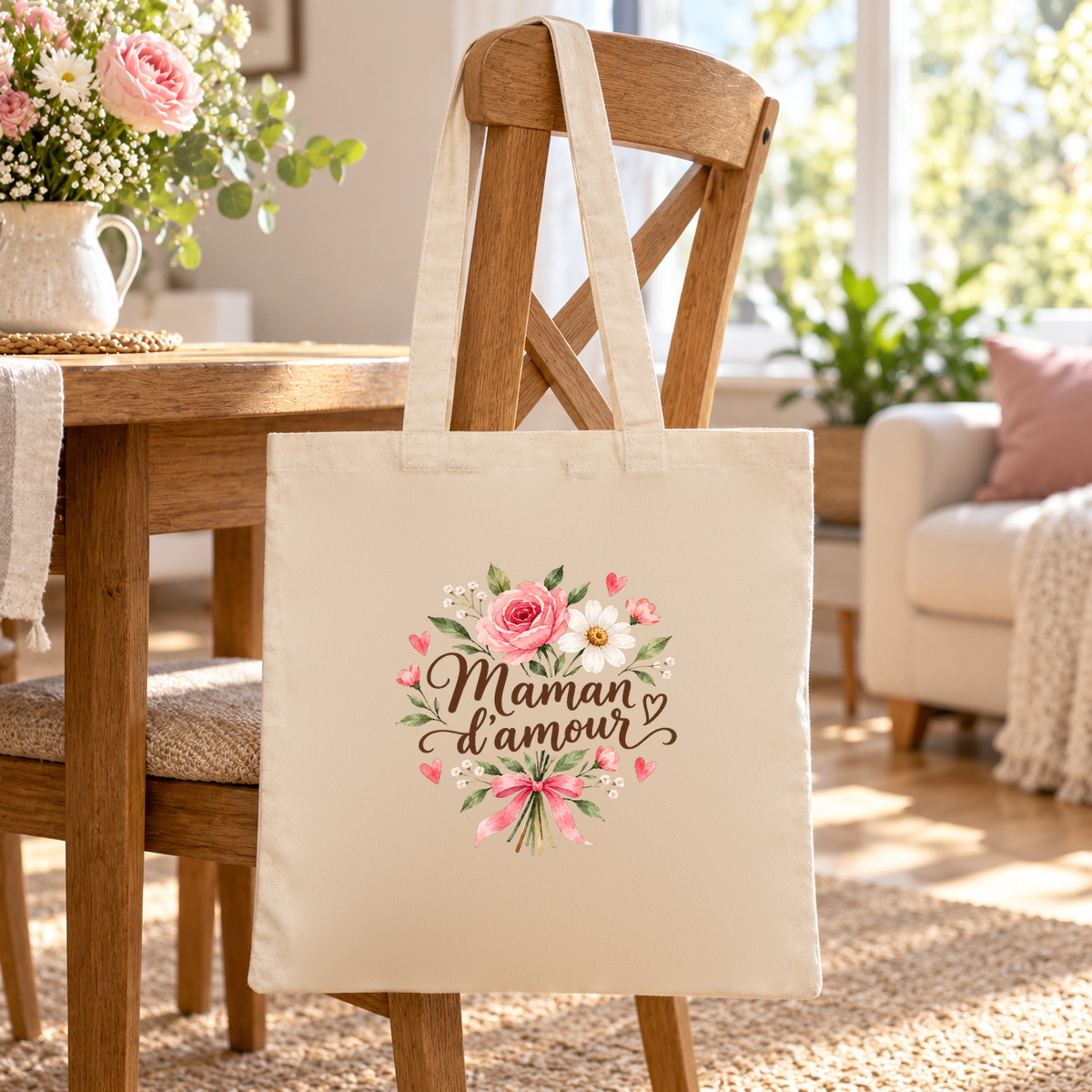Tote bag maman « Maman d'amour » Essentiel suspendu à une chaise en bois dans un salon lumineux, à côté d'un bouquet