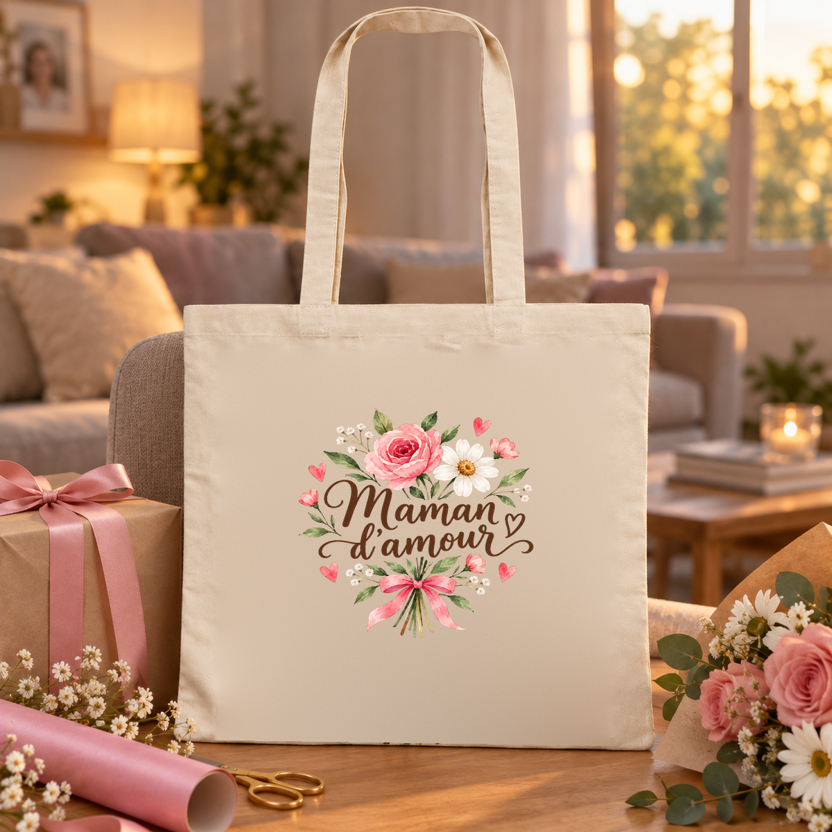 Tote bag maman « Maman d'amour » Essentiel posé sur une table de salon à la lumière du soir, à côté d'un cadeau emballé