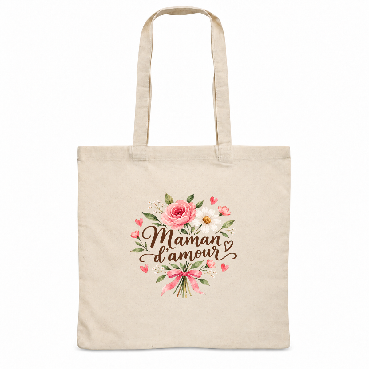 Tote bag maman « Maman d'amour » Essentiel, sac plat en coton naturel 140 g/m² de 38 × 42 cm, illustration à l'aquarelle d'un bouquet de roses noué d'un ruban rose