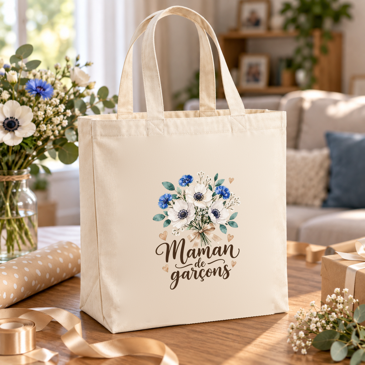 Tote bag maman « Maman de garçons » Premium posé sur une table entre papier cadeau, ruban et bouquet