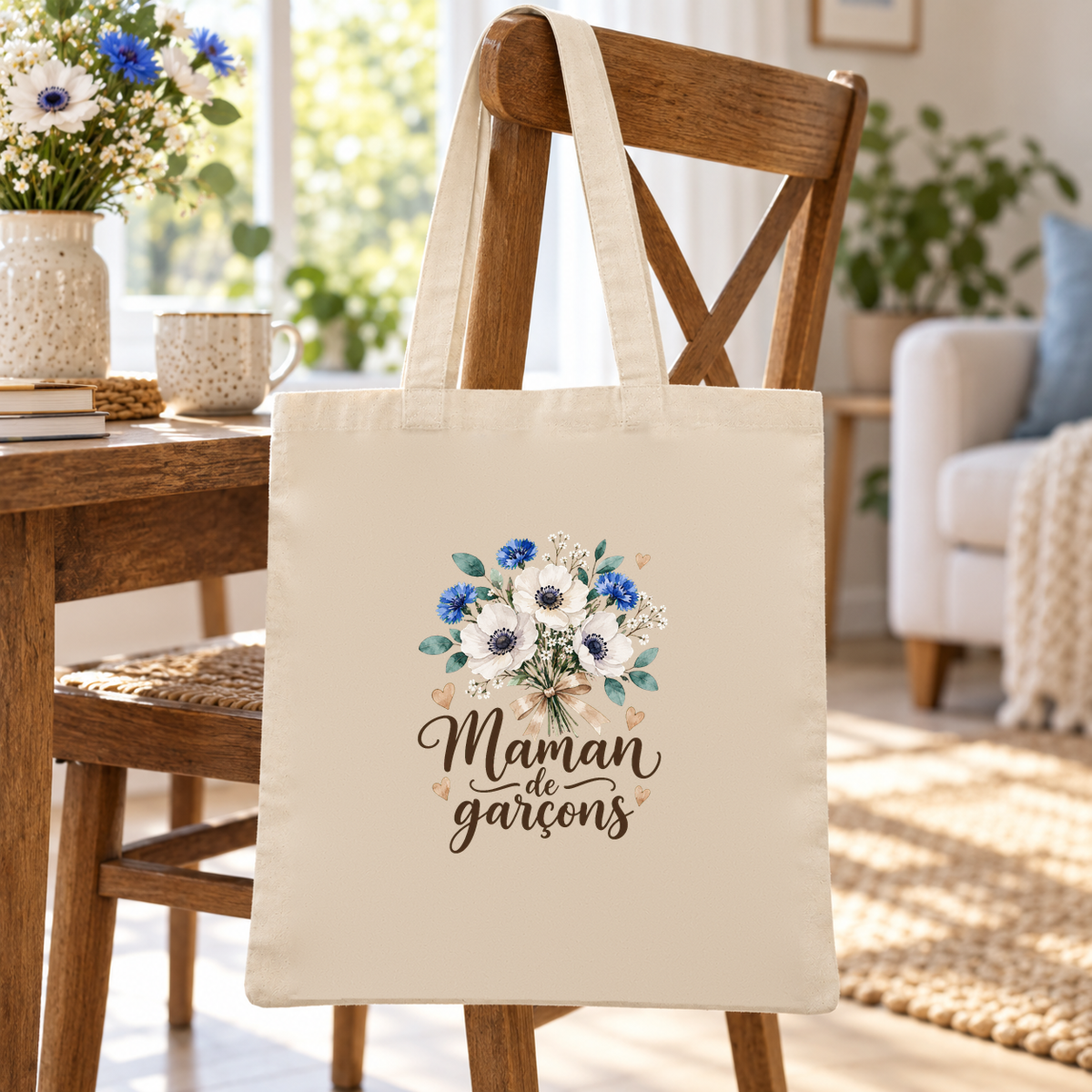 Tote bag maman « Maman de garçons » Essentiel suspendu à une chaise de salle à manger