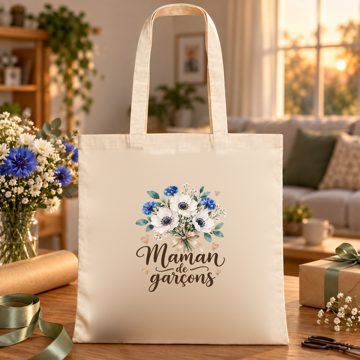 Tote bag maman « Maman de garçons » Essentiel posé sur une table à côté de cadeaux et d'un bouquet de bleuets