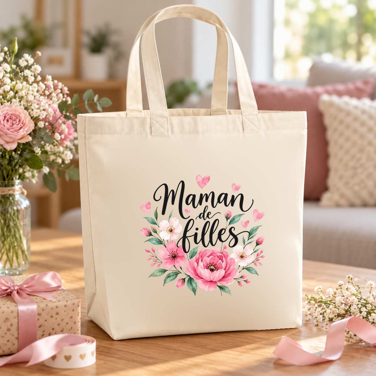 Tote bag maman « Maman de filles » Premium posé sur une table, à côté d'un bouquet et d'un cadeau noué de rose